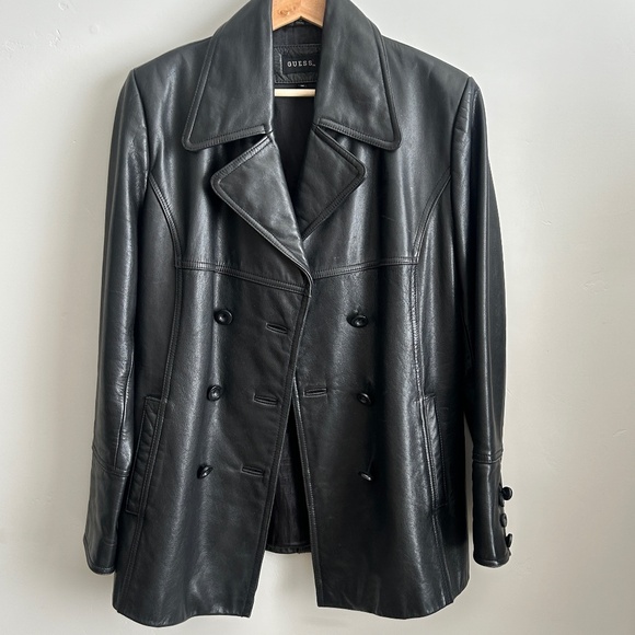 Guess Women's Black Leather Jacket Medium Double Breasted Buttons Vintage - Picture 1 of 15